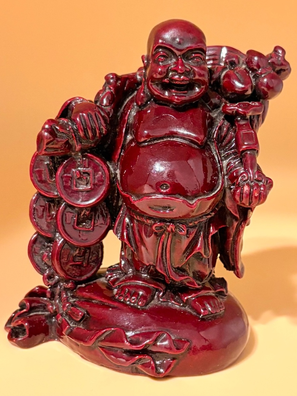 Vintage Carved Wood Budai Laughing Buddha Red Lacquer Asian Prosperity Figure 4"